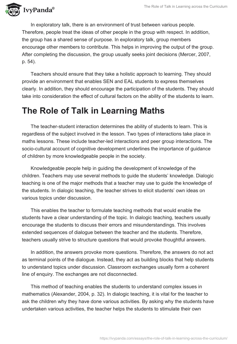 The Role of Talk in Learning Across the Curriculum. Page 3
