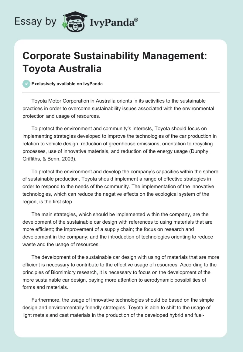 Corporate Sustainability Management: Toyota Australia. Page 1