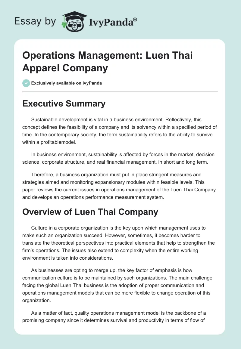 Operations Management: Luen Thai Apparel Company. Page 1