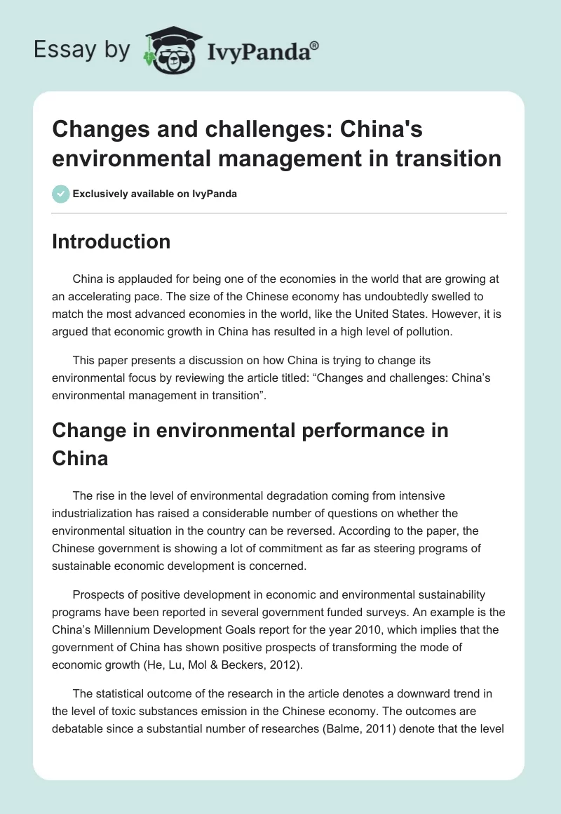 Changes and Challenges: China’s Environmental Management in Transition. Page 1