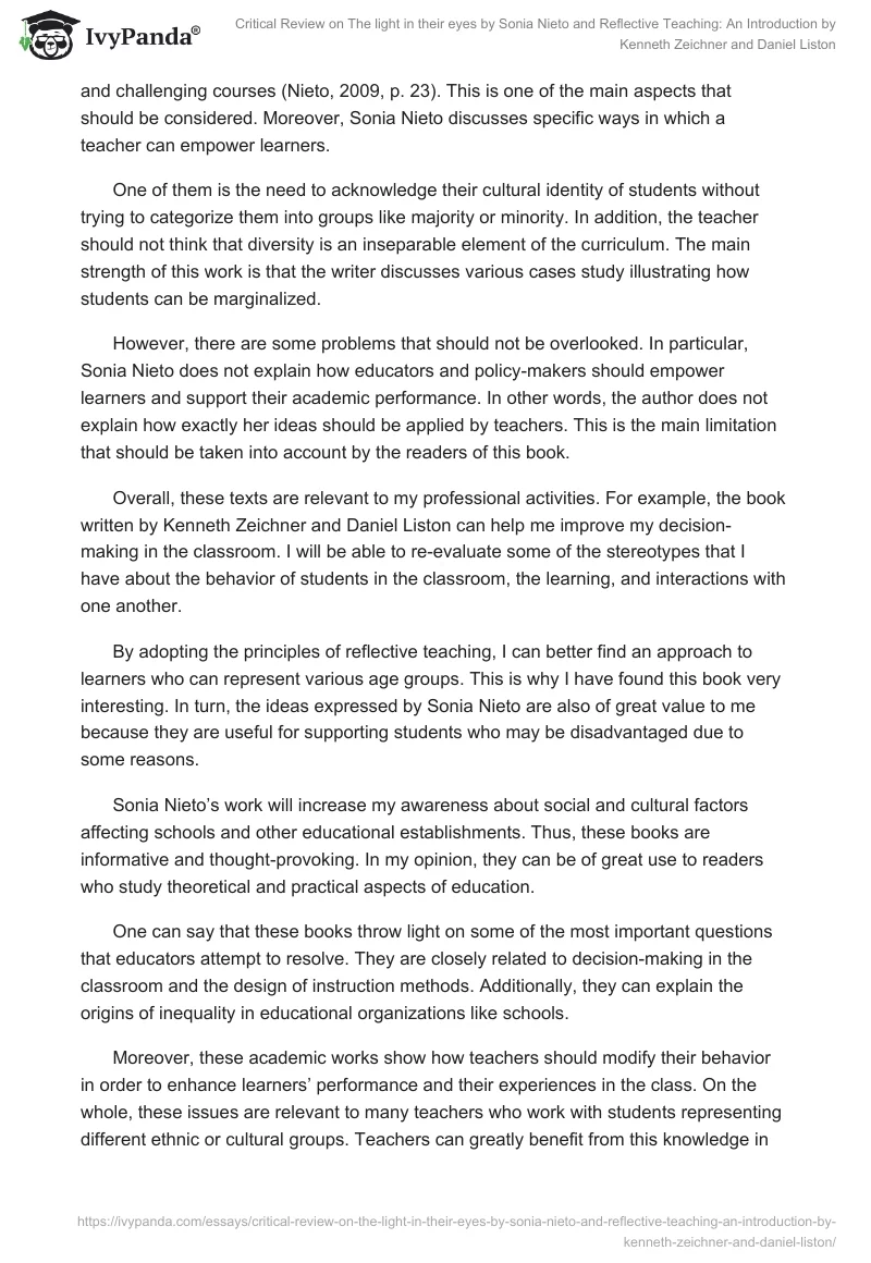 Critical Review on The light in their eyes by Sonia Nieto and Reflective Teaching: An Introduction by Kenneth Zeichner and Daniel Liston. Page 3