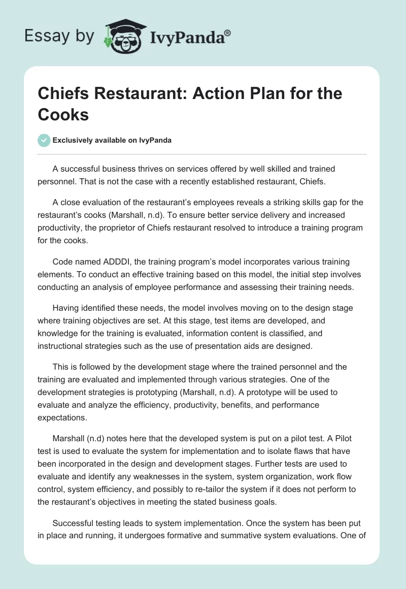 Chiefs Restaurant: Action Plan for the Cooks. Page 1