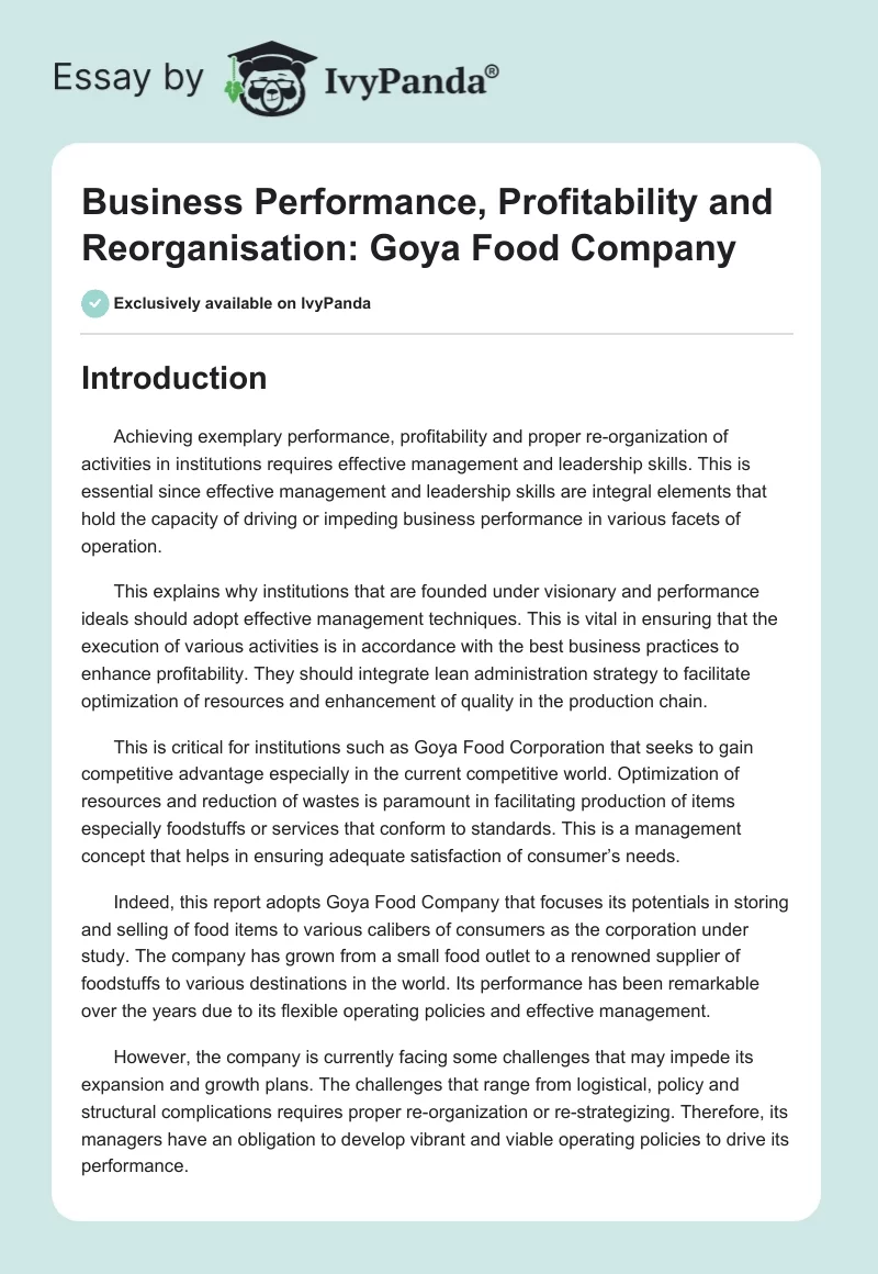 Business Performance, Profitability and Reorganisation: Goya Food Company. Page 1