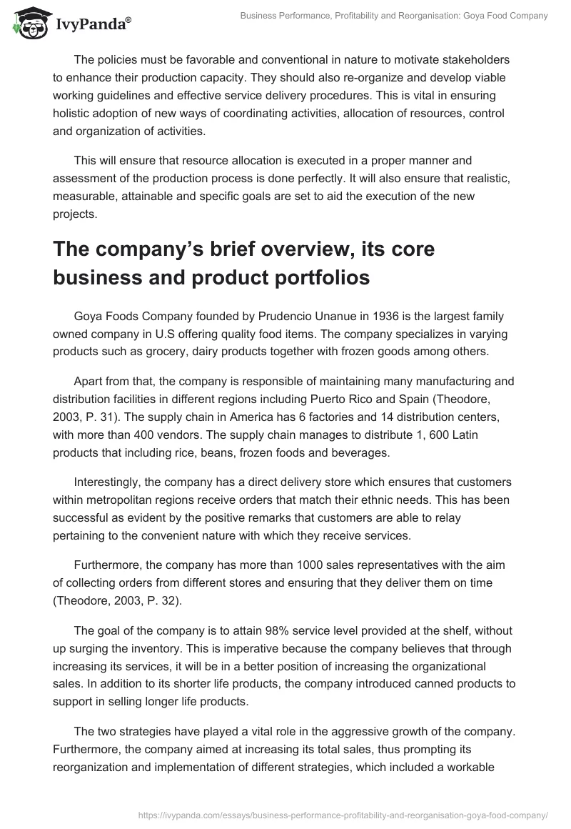 Business Performance, Profitability and Reorganisation: Goya Food Company. Page 2