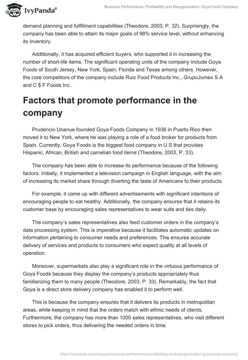 Business Performance, Profitability and Reorganisation: Goya Food Company. Page 3