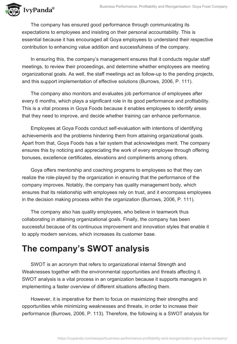 Business Performance, Profitability and Reorganisation: Goya Food Company. Page 4
