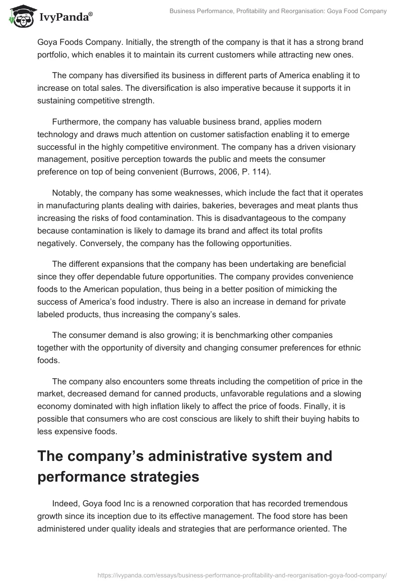 Business Performance, Profitability and Reorganisation: Goya Food Company. Page 5