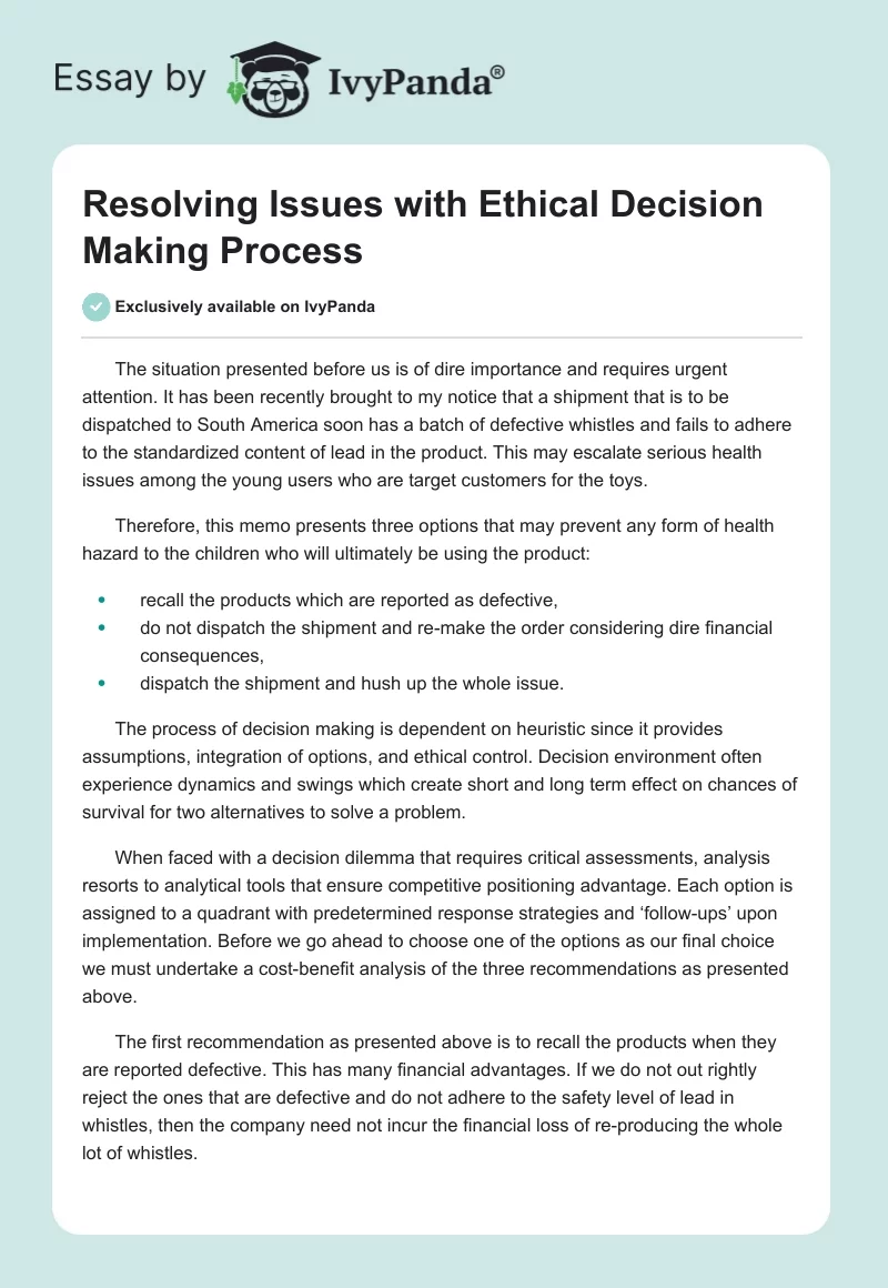 Resolving Issues with Ethical Decision Making Process. Page 1