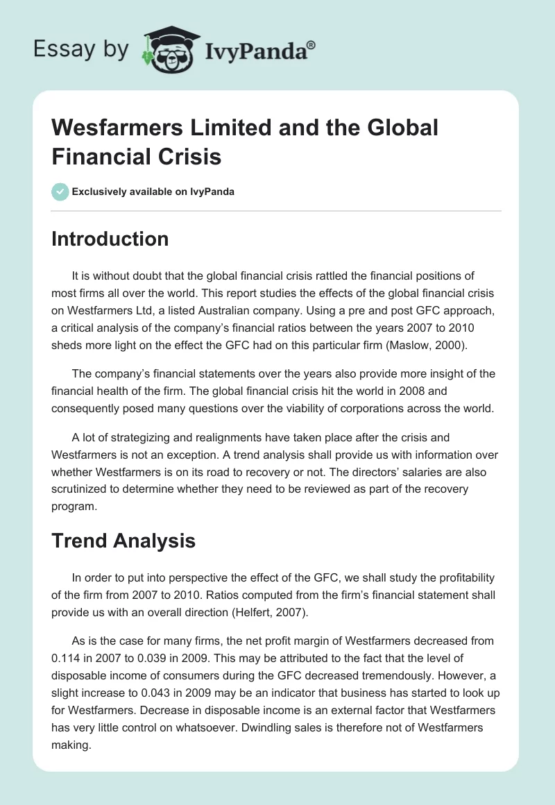 Wesfarmers Limited and the Global Financial Crisis. Page 1