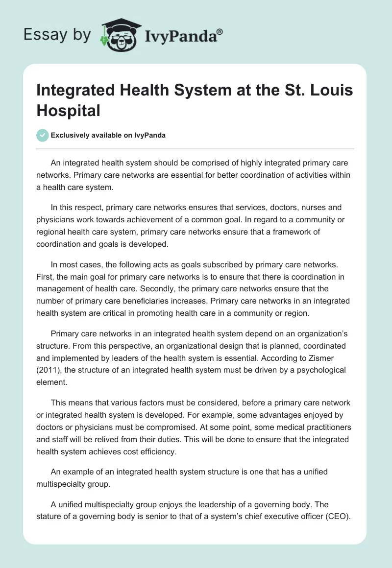 Integrated Health System at the St. Louis Hospital. Page 1