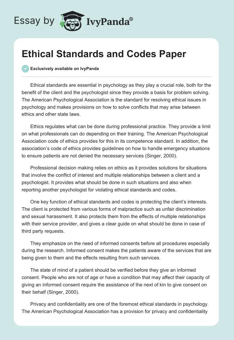 Ethical Standards and Codes Paper. Page 1