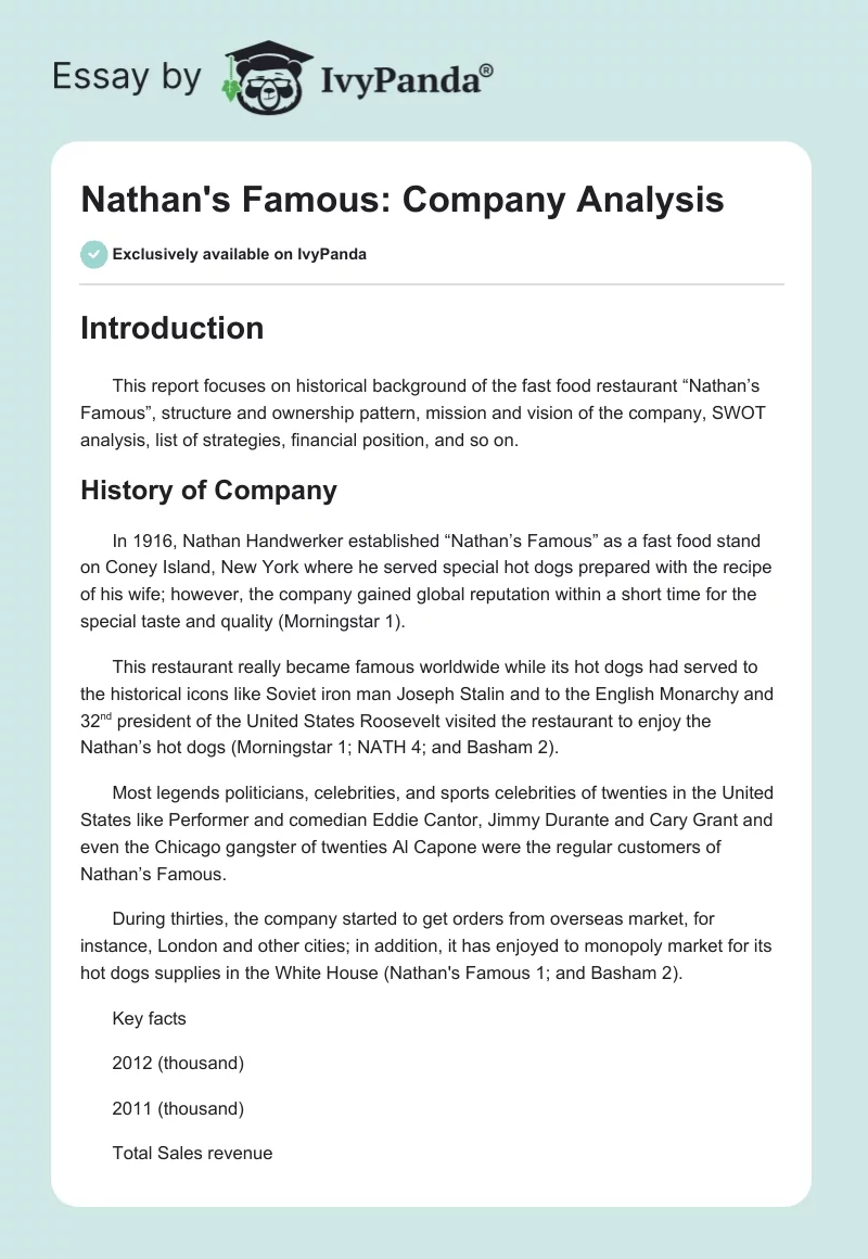 Nathan's Famous: Company Analysis. Page 1