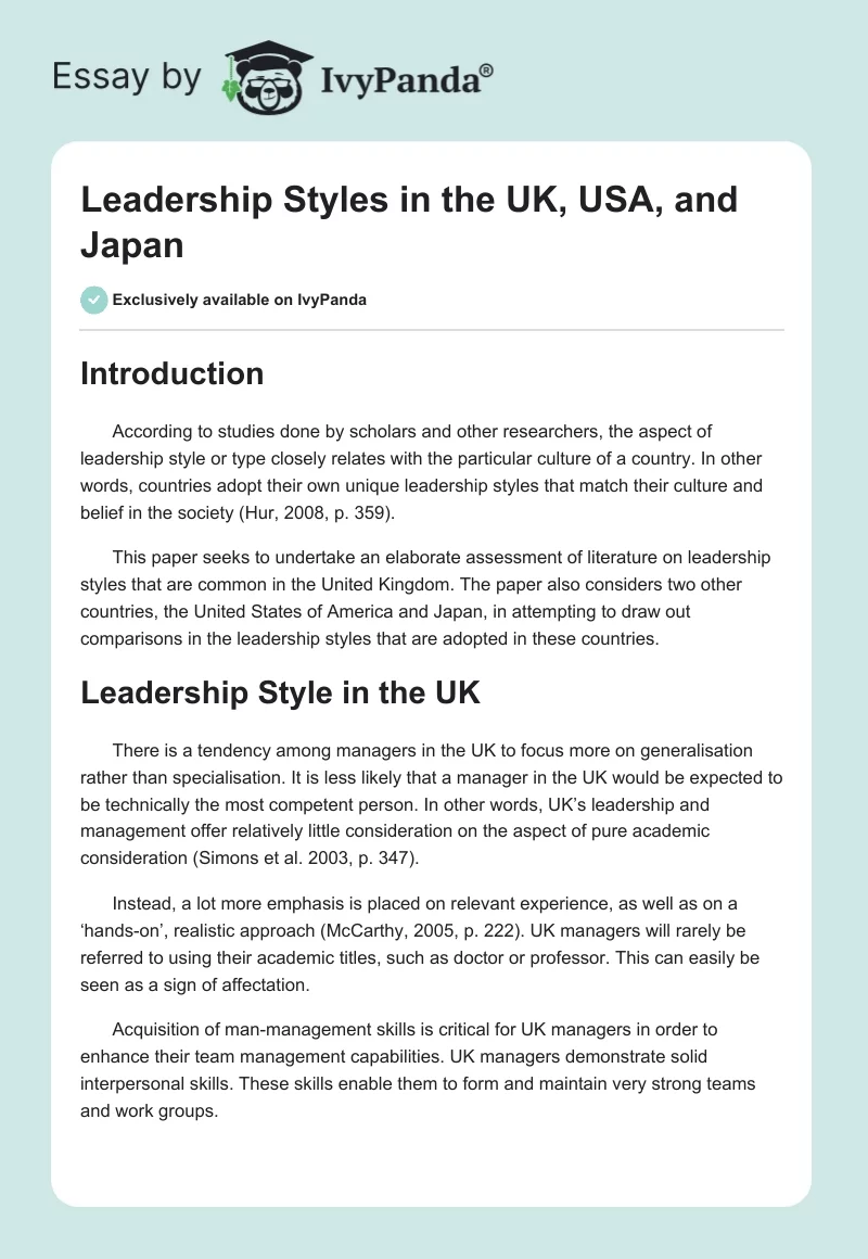 Leadership Styles in the UK, USA, and Japan. Page 1