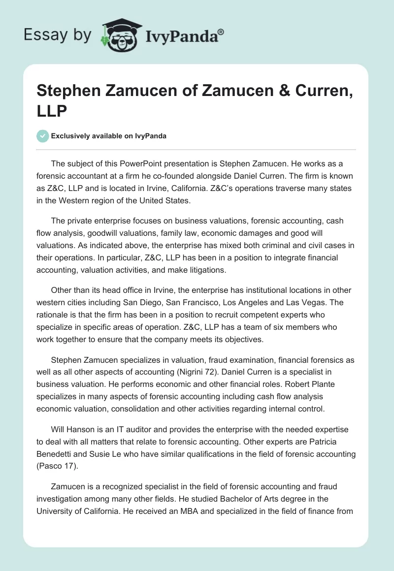 Stephen Zamucen of Zamucen & Curren, LLP. Page 1