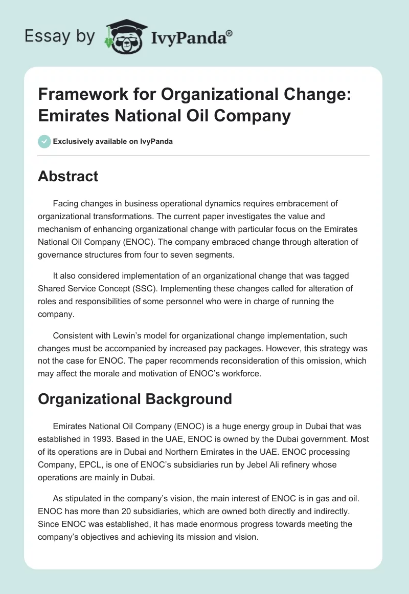 Framework for Organizational Change: Emirates National Oil Company. Page 1