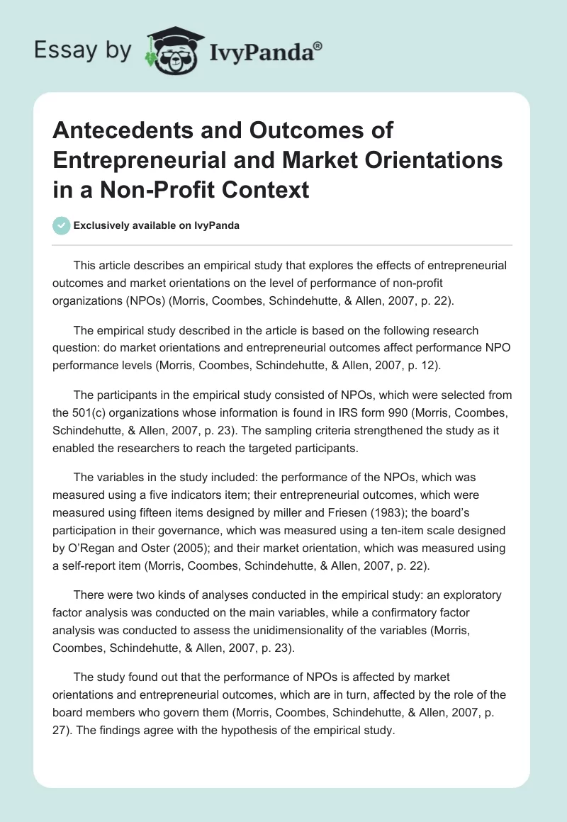 Antecedents and Outcomes of Entrepreneurial and Market Orientations in a Non-Profit Context. Page 1