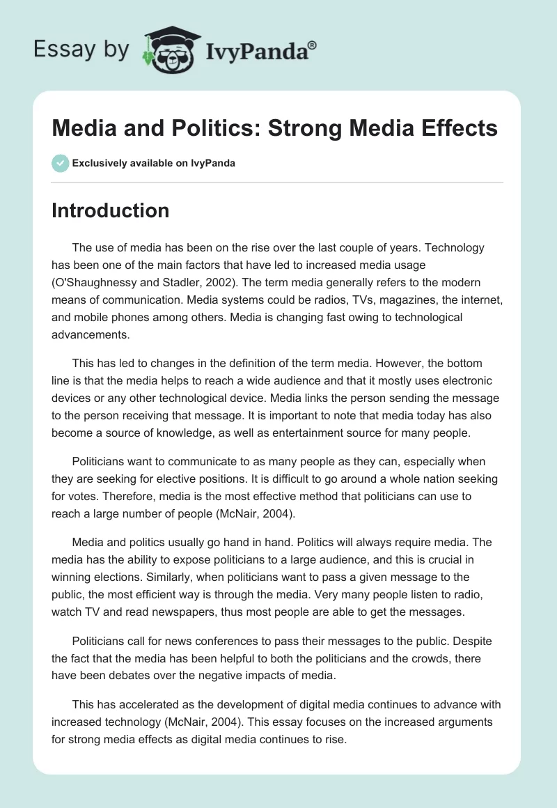 Media and Politics: Strong Media Effects. Page 1