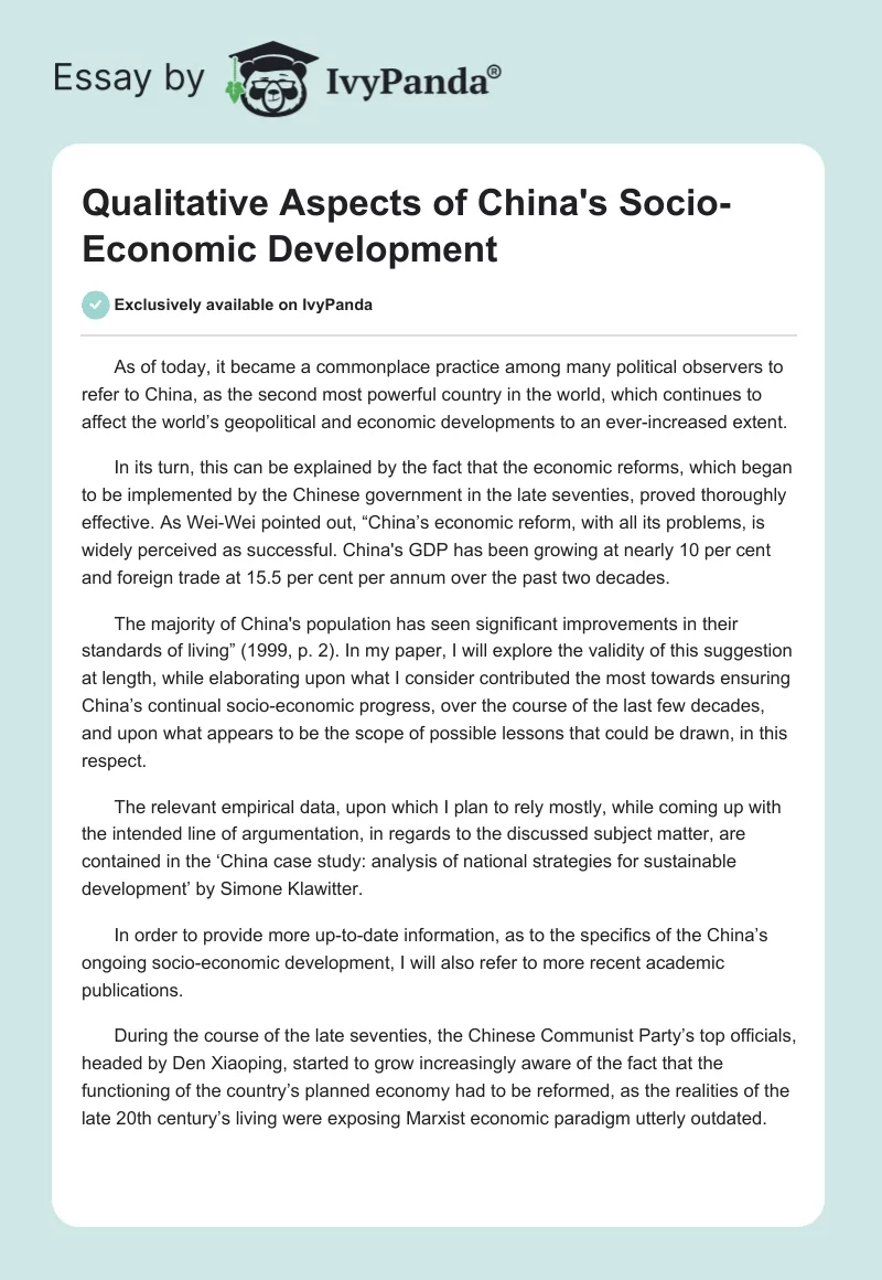 Qualitative Aspects of China's Socio-Economic Development. Page 1