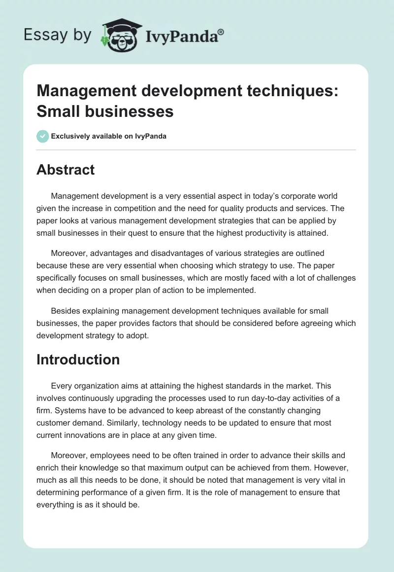 Management development techniques: Small businesses. Page 1