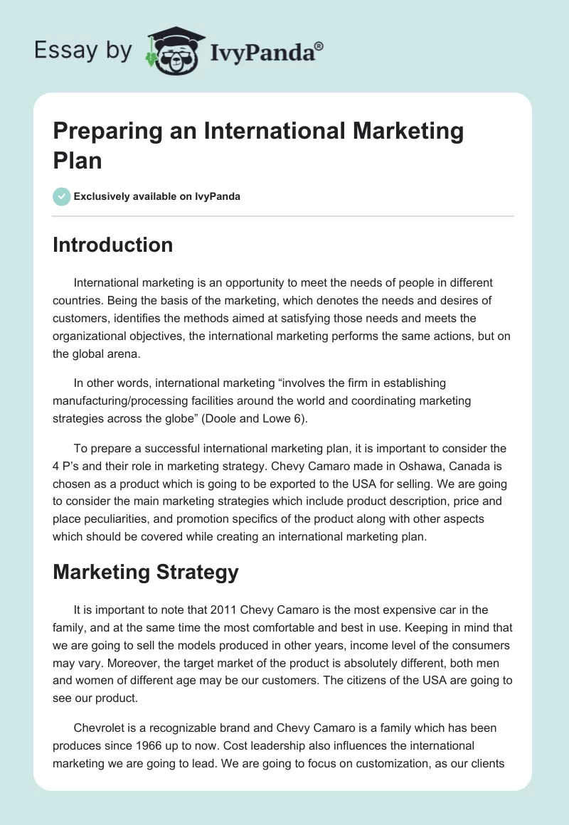 Preparing an International Marketing Plan. Page 1