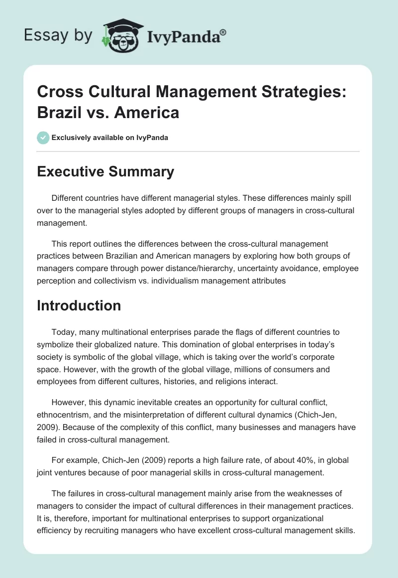 Cross Cultural Management Strategies: Brazil vs. America. Page 1