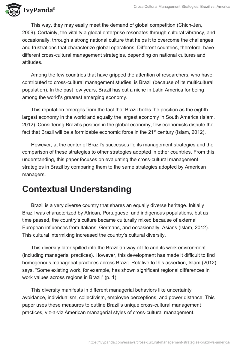 Cross Cultural Management Strategies: Brazil vs. America. Page 2