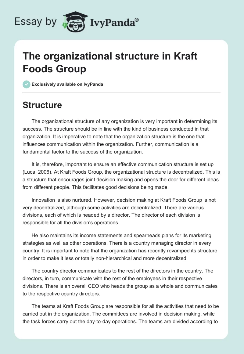 The Organizational Structure in Kraft Foods Group. Page 1