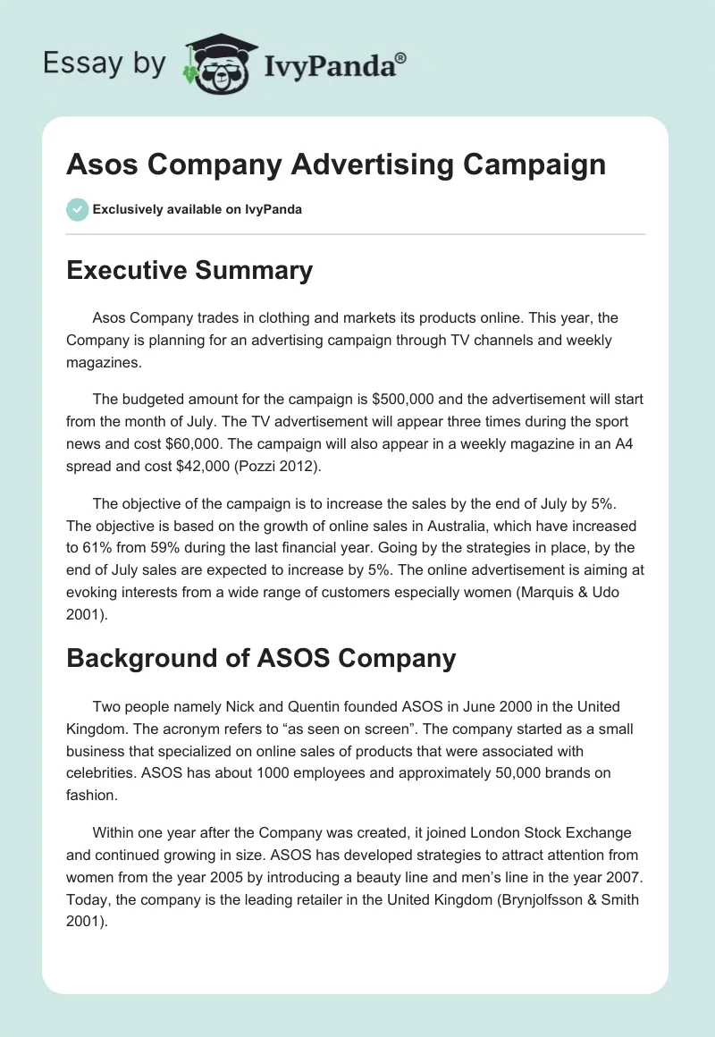 ASOS Company Advertising Campaign. Page 1