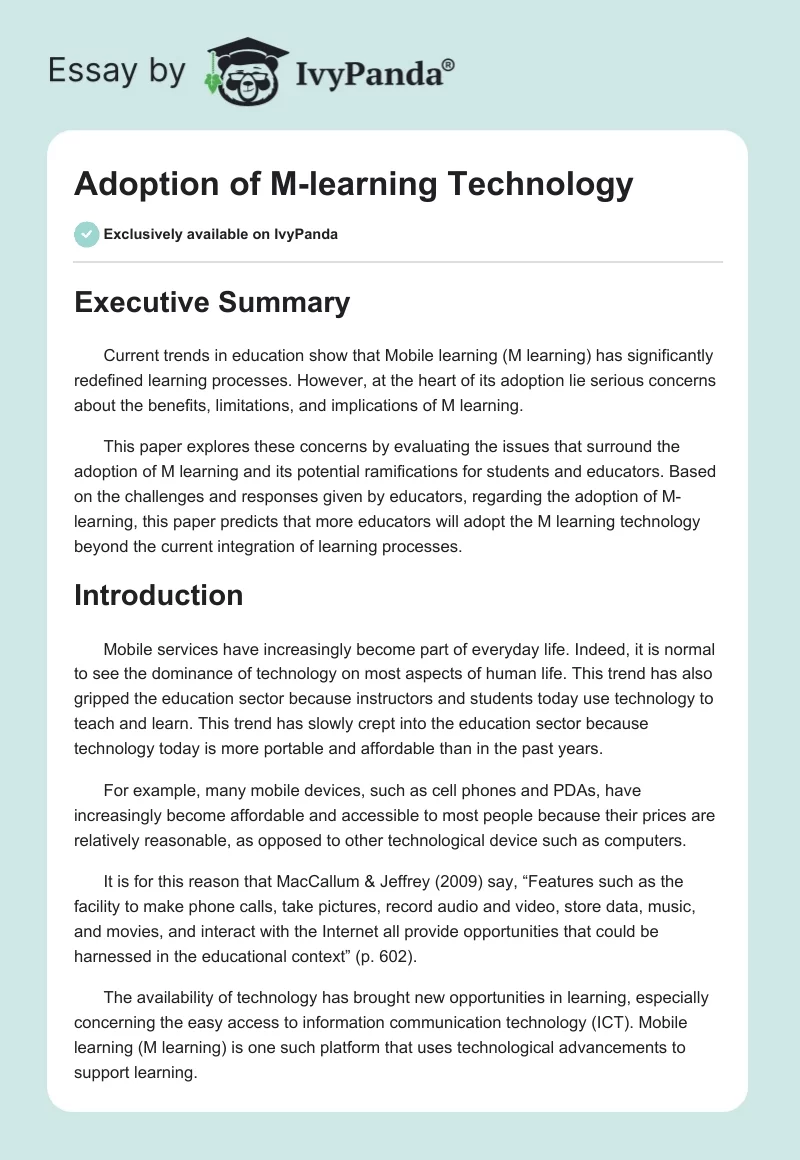 Adoption of M-learning Technology. Page 1