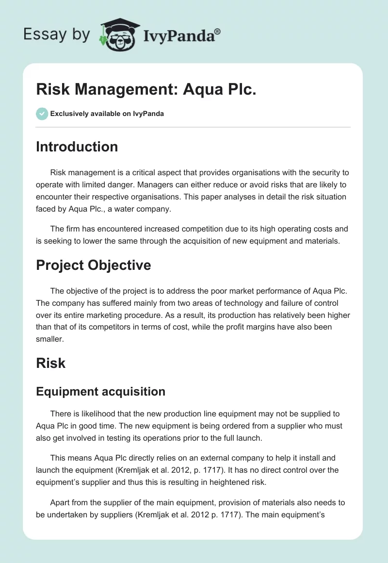 Risk Management: Aqua Plc.. Page 1