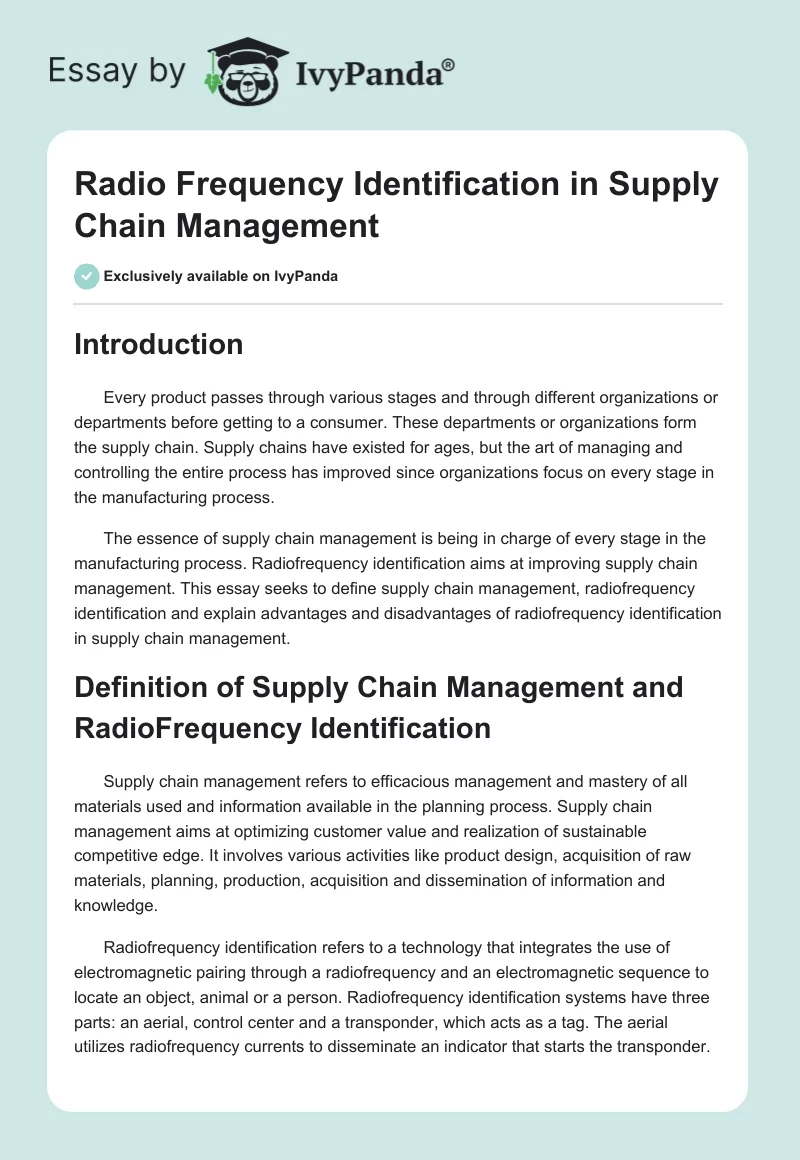 Radio Frequency Identification in Supply Chain Management. Page 1