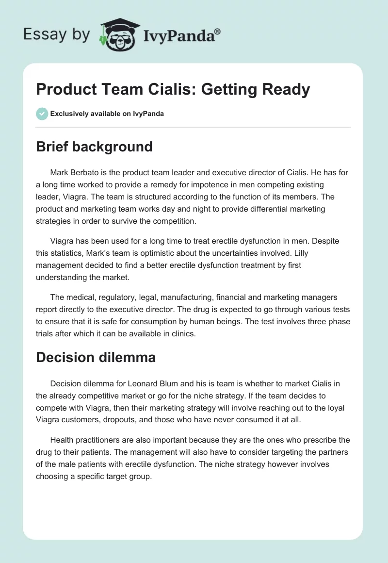 Product Team Cialis: Getting Ready. Page 1