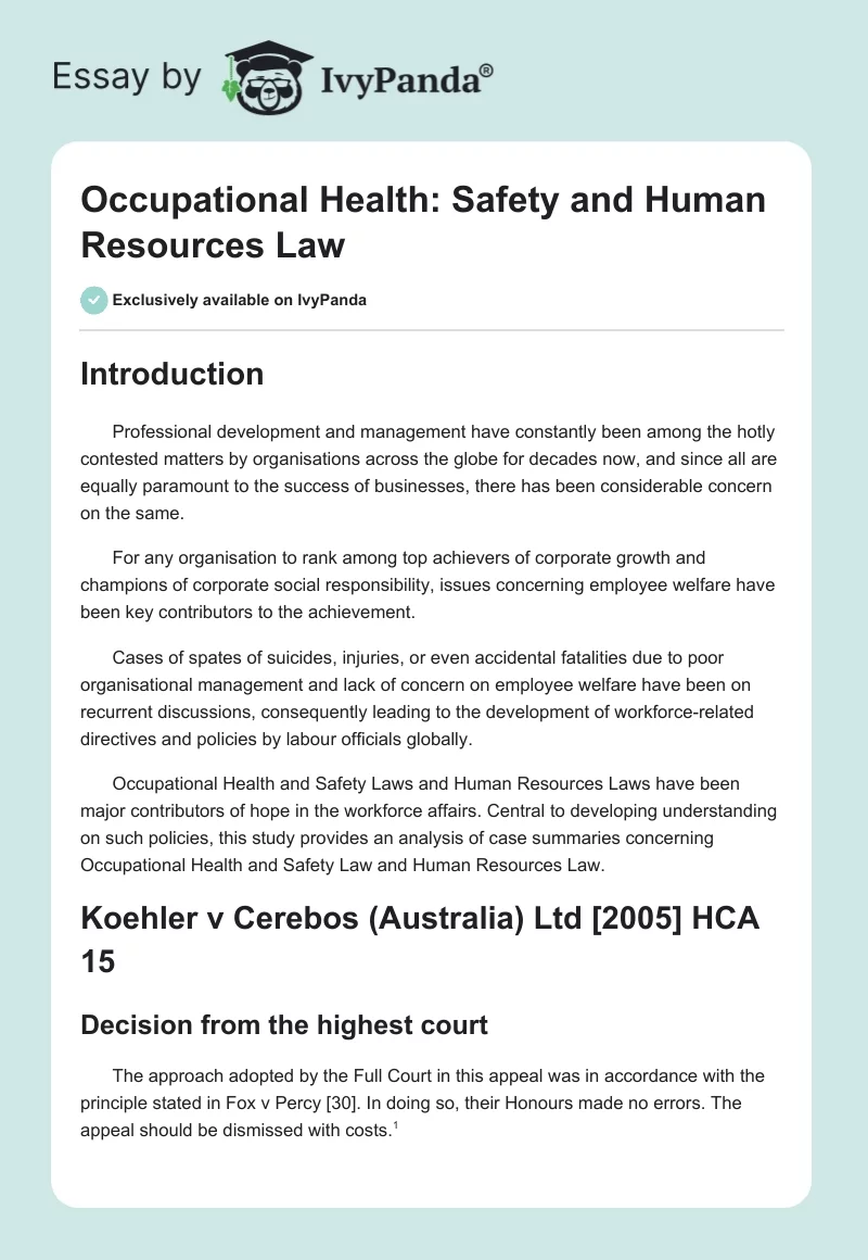 Occupational Health: Safety and Human Resources Law. Page 1