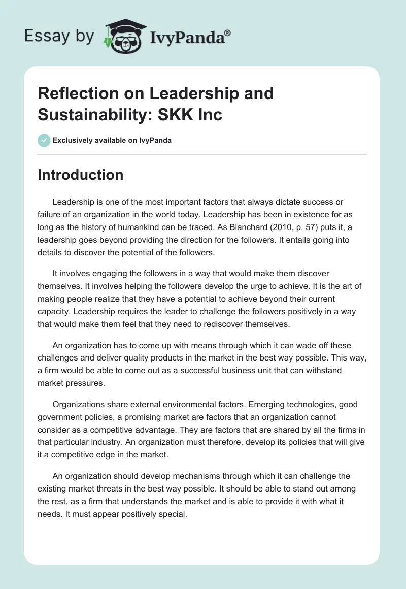 Reflection on Leadership and Sustainability: SKK Inc. Page 1