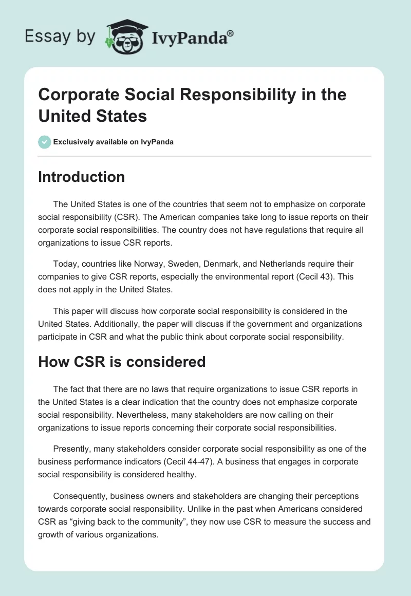Corporate Social Responsibility in the United States. Page 1