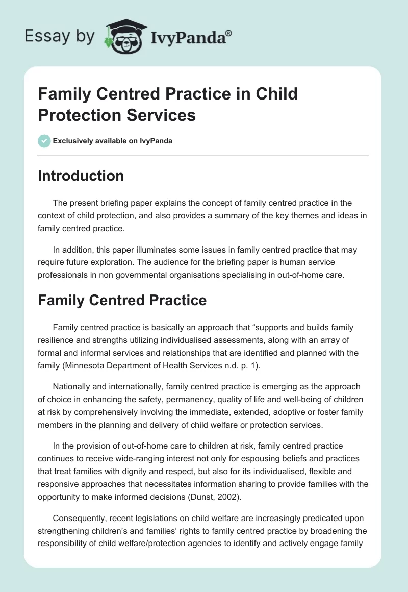 Family Centred Practice in Child Protection Services. Page 1