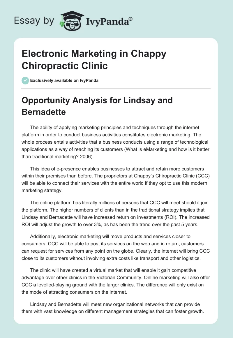 Electronic Marketing in Chappy Chiropractic Clinic. Page 1