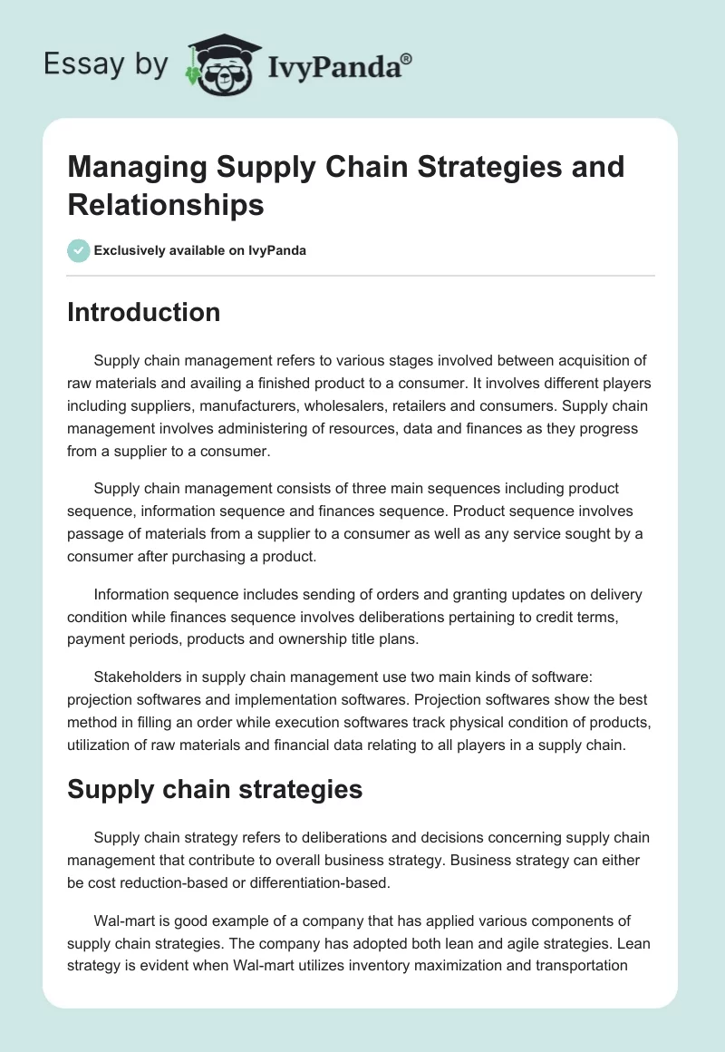 Managing Supply Chain Strategies and Relationships. Page 1