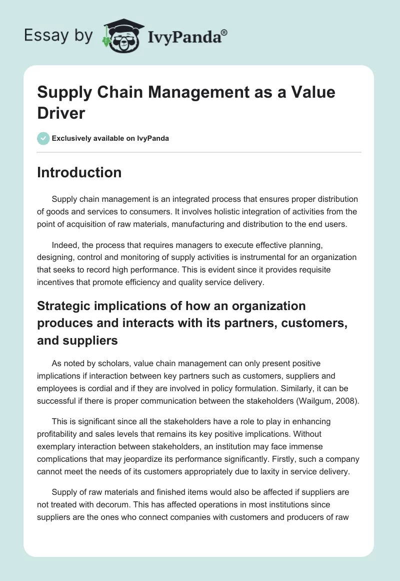 Supply Chain Management as a Value Driver. Page 1