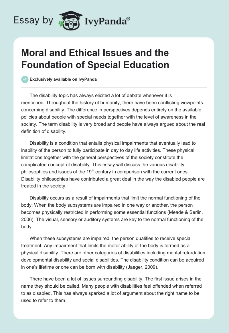 Moral and Ethical Issues and the Foundation of Special Education. Page 1