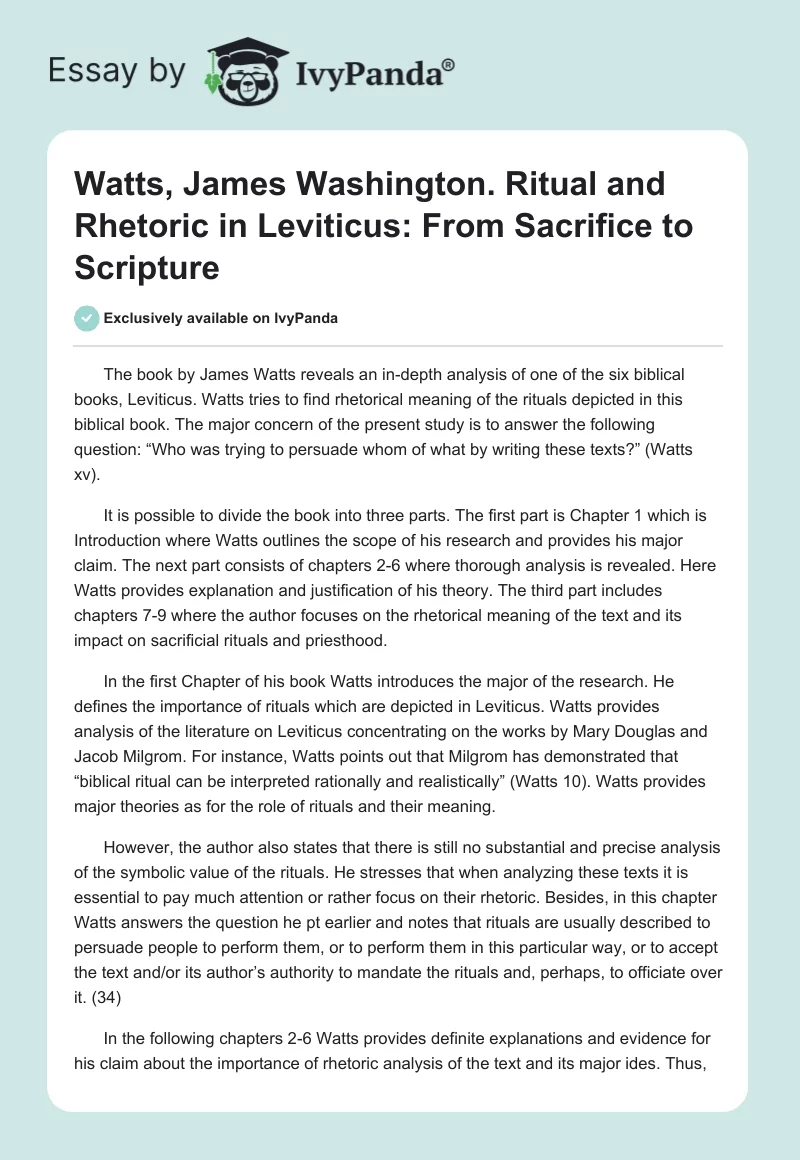 Watts, James Washington. Ritual and Rhetoric in Leviticus: From Sacrifice to Scripture. Page 1