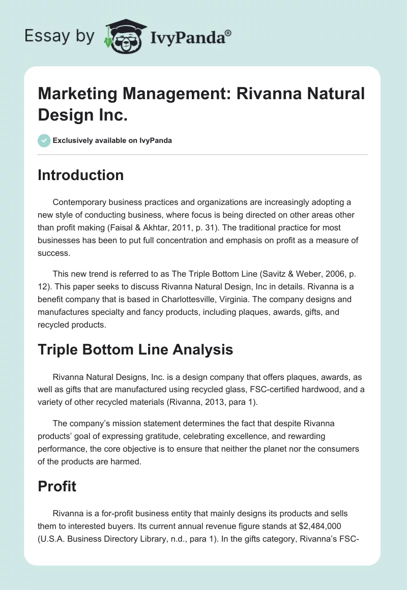 Marketing Management: Rivanna Natural Design Inc.. Page 1