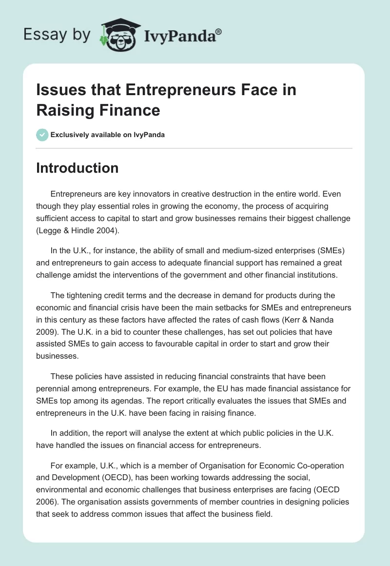 Issues that Entrepreneurs Face in Raising Finance. Page 1