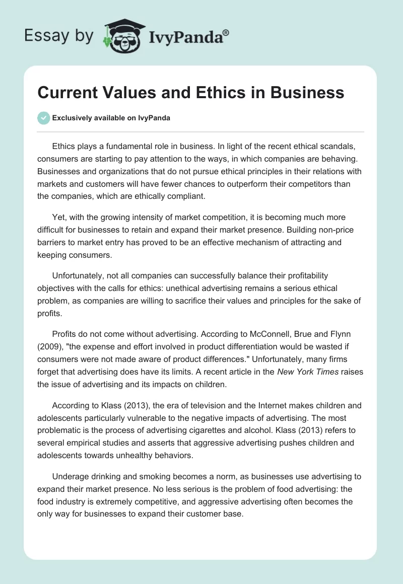 Current Values and Ethics in Business. Page 1