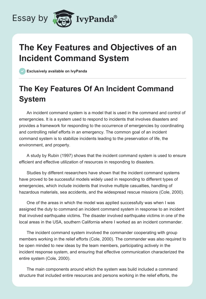 The Key Features and Objectives of an Incident Command System. Page 1