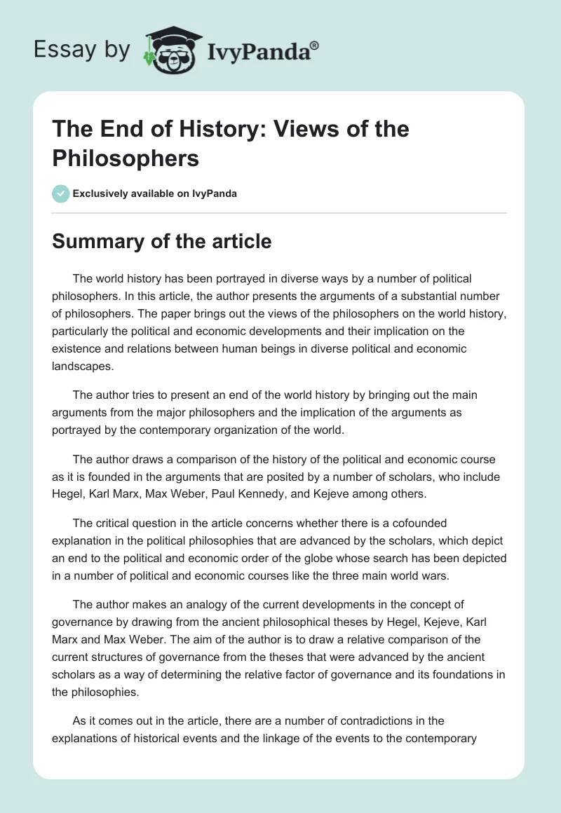 The End of History: Views of the Philosophers. Page 1