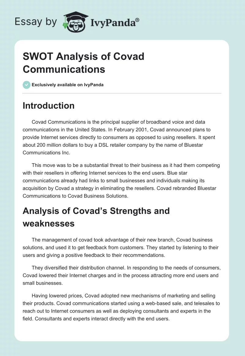 SWOT Analysis of Covad Communications. Page 1