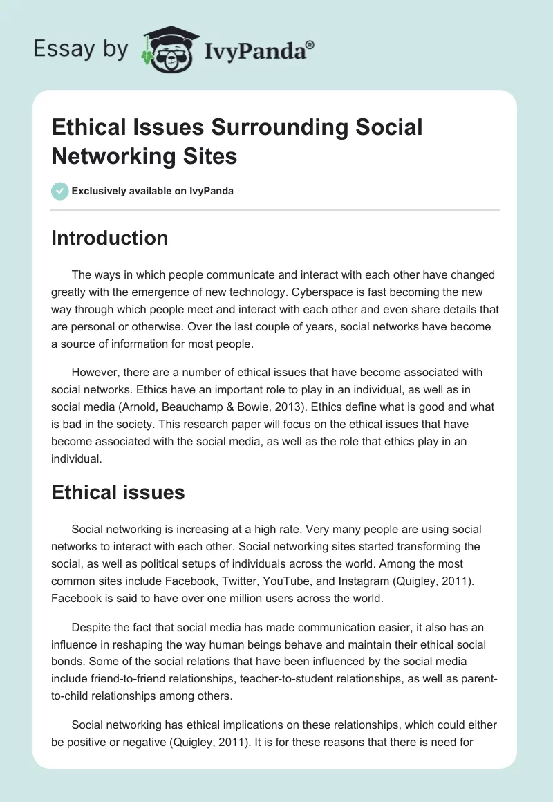 Ethical Issues Surrounding Social Networking Sites. Page 1