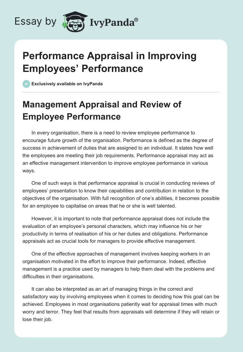 Performance Appraisal in Improving Employees’ Performance. Page 1