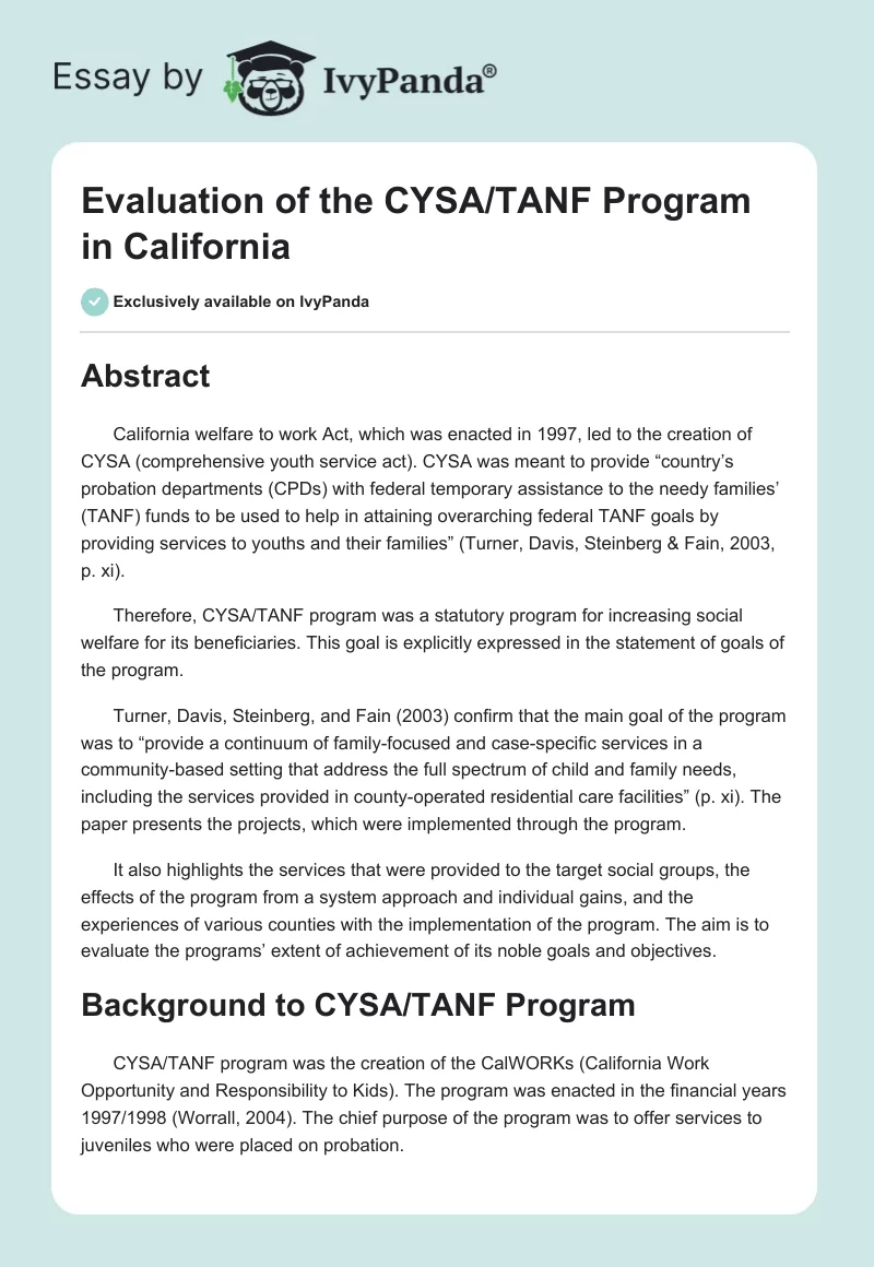Evaluation of the CYSA/TANF Program in California. Page 1